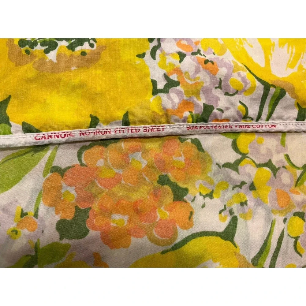 VTG Cannon No Iron Full Fitted Sheet 70s Tulips Floral Orange Yellow Green Craft